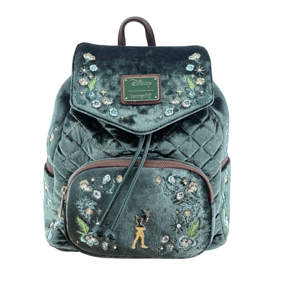 Loungefly Handbags - Disney Loungefly Peter Pan Tinker Bell Forest Green Velvet Floral Mini Backpack